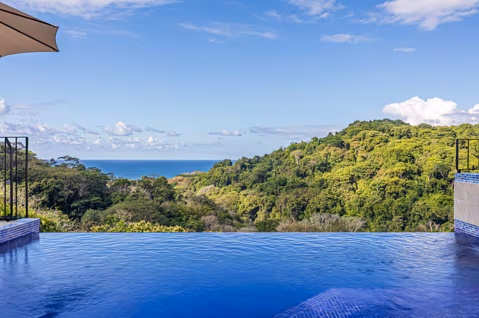 Golden sunset viewed from the private pool at KsaLinda, Pacific coast Puntarenas